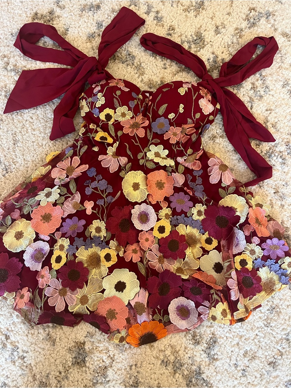 Burgundy Floral Tie-Shoulder Party Dress for HOCO